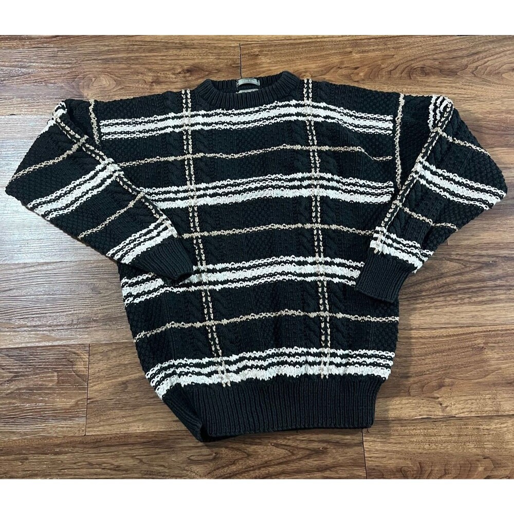 Lord & Taylor Kensington Collection Hand Knit Sweater Black Plaid Cotton Women L